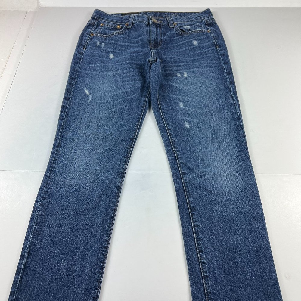 J. Crew Jeans Women's 25 Boyfriend Blue Faded Whisker Distressed Stretch Denim